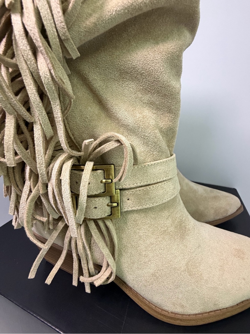 Steve Madden Beige Suede Fringe Mid-Calf Booties - Picture 6 of 9
